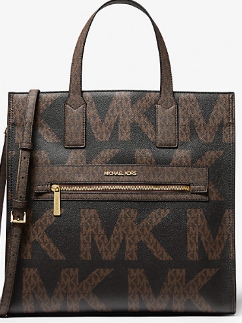 Michael Kors Brown and Black MK Logo Messenger Tote with Gold Hardware